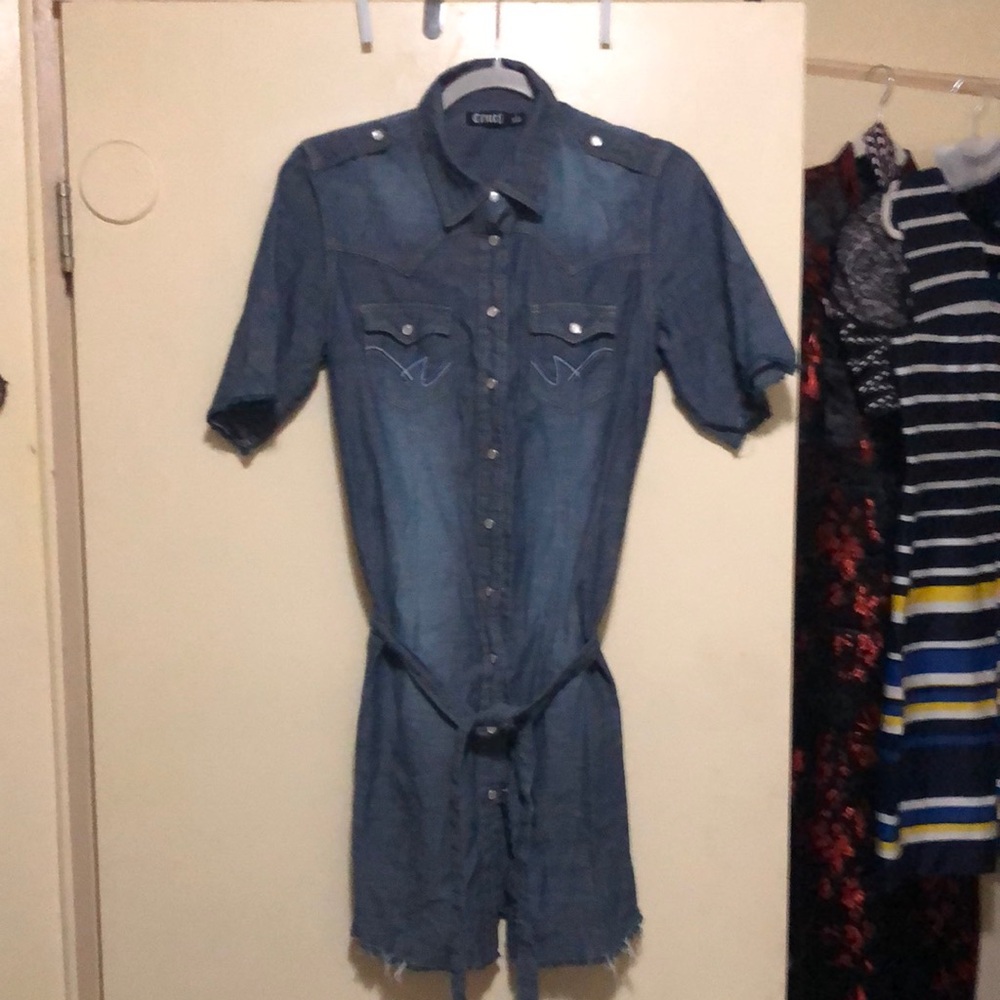 Cruel Girl Blue Midi Dress with Dress Shirt Collar and Short Sleeves